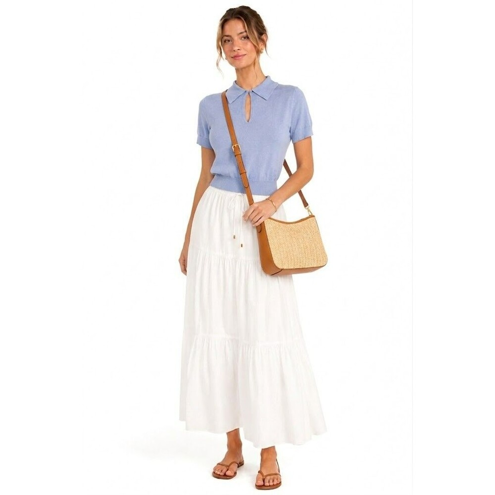 J.Crew Blue Merino Wool Cropped Short Sleeve Keyhole Polo Top Womens Large